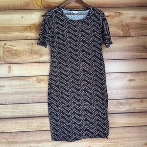 LuLaRoe Julia Dress Medium Black Brown T-Shirt‎ Short Sleeve Bodycon Stretch